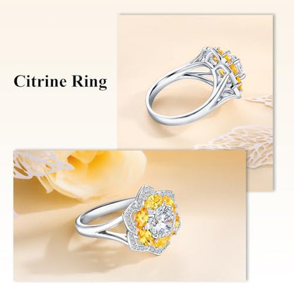 Flower Cocktail Ring for Women Stone Engagement Anniversary Rings | Sterling Silve|Hypoallergenic|Ruby|Sapphire|Emerald|Wedding and Birthday Party Women Statement Ring|Mother and Grandma Gift - color: Citrine (Nov.)