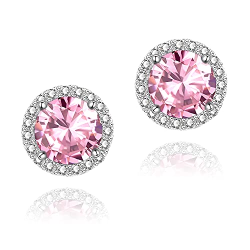 YOMELA Round Cubic Zirconia Stud Earrings for Women | Everyday Dainty, Diamond-Like Brilliance, CZ Halo Birthstone Studs, Hypoallergenic & Lightweight, Elegant & Versatile - color: Pink