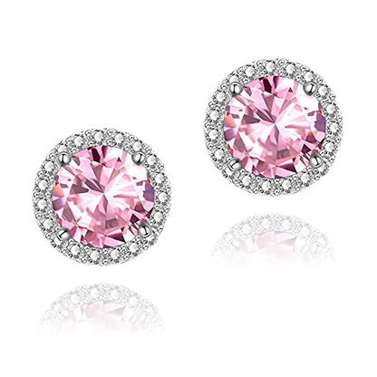 YOMELA Round Cubic Zirconia Stud Earrings for Women | Everyday Dainty, Diamond-Like Brilliance, CZ Halo Birthstone Studs, Hypoallergenic & Lightweight, Elegant & Versatile - color: Pink