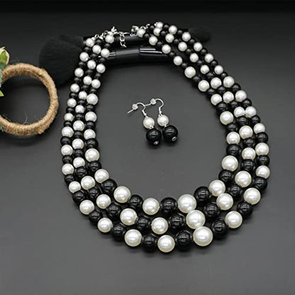 Chunky Layered Imitation Pearl Necklace for Women 3 strand Pearl Necklaces Faux Pearl Necklace Earrings Set 1920s Flapper Gatsby Costume Accessories - color: 3 strand pearl necklace black white