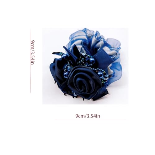 Satin Hair Scrunchie with Rose Flower, Brown and Gold, Pearl Beads, Ribbon Bow, Hair Tie Accessory, 9cm (bule) - color: bule