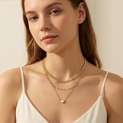 WomenGifts Layered Gold Necklaces for Women, 14K Gold Sterling Silver Plated Dainty Pendant Necklace Set Non Tarnish, Chunky Stackable Cuban Chain Choker, Trendy Birthstone Vacation Jewelry Gift - color: Gold, style: Heart Trio
