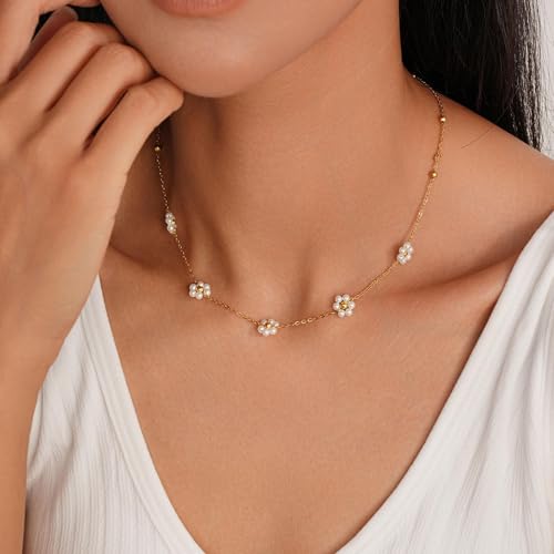 Ursteel 14K-Gold-Plated Necklace for Women Girls, Cute Daisy Pearl Necklace for Girls Clover Butterfly Cubic Zirconia Flower Evil Eye Station Necklaces for Women Teen Girl Gifts - color: " Daisy Pearl