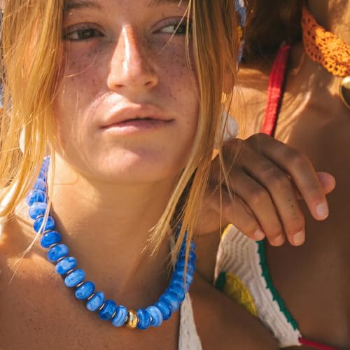 Beaded necklace for Women Boho Bead Gemstone Chunky Necklace Big Bead Necklace Fashion Trendy Summer Necklaces Jewelry Gifts - color: Light Bleu&GD Beaded
