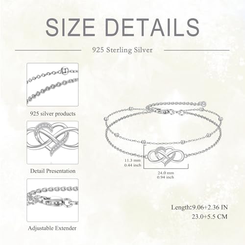 POPLYKE Frog/Pearl/Dragonfly/Ladybug/Highland Cow/Pearl/Moonstone Anklets Sterling Silver Double Layered Chain Beach Anklets for Women Foot Jewelry - style: heart infinity