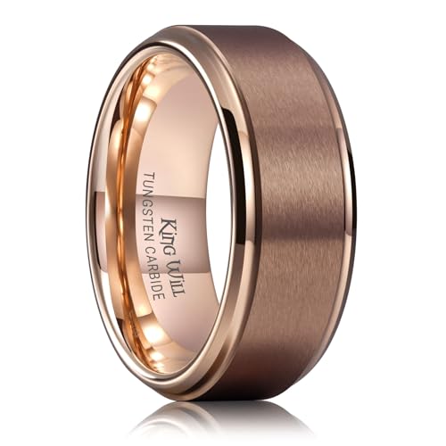 King Will Mens Brushed Wedding Band, Two Tone Matte Step Edges/Pipe Cut, Tungsten Carbide Anniversary Promise Rings Comfort Fit - color: Brown&Rose Gold-8mm