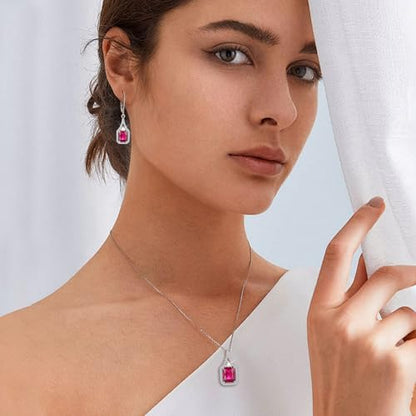 Created Gemstone Necklace 925 Sterling Silver Halo Rectangular Pendant Birthstone Necklaces Jewelry Gifts for Women - color: 07 July - Ruby
