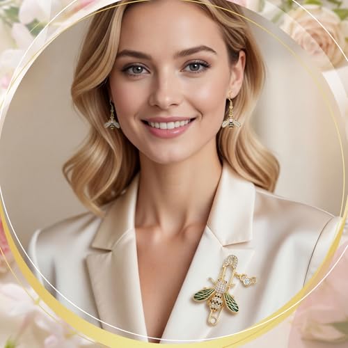 Sureio 4 Pcs Bee Jewelry Gift Set for Women, Yellow Gold Crystal Copper Bee Earrings, Bracelet, Necklace and Brooch Pin for Animal Jewelry Accessory Gift for Women