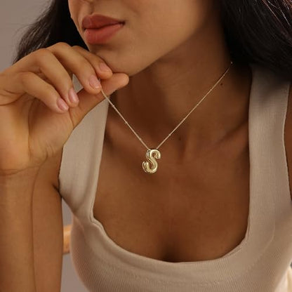 Ewrkbrㅤ Initial Necklaces for Women, 14k Gold Plated Bubble Letter Necklace Chunky Gold Necklace Dainty Charm Initial Necklaces for Women Trendy Custom Preppy Stocking Stuff Necklace Christmas Gifts - color: Gold, style: B