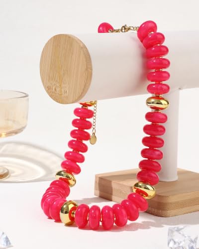 FIRAZIO Colorful Chunky Beaded Necklaces for Women | Trendy Statement Necklace Choker Necklace Boho Summer Beach Vacation Jewelry Gift - color: Rose Red Beaded