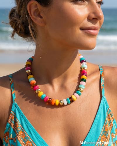 FIRAZIO Colorful Chunky Beaded Necklaces for Women | Trendy Statement Necklace Choker Necklace Boho Summer Beach Vacation Jewelry Gift - color: Colorful Beaded - 1