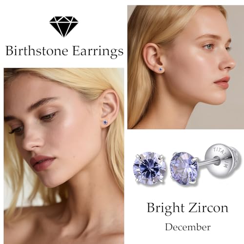 Limerencia Birthstone Screw Back Earrings G23 Implant Grade Titanium Stud Earrings Hypoallergenic Cubic Zirconia Posts Studs Jewelry Gifts for Girls Sensitive Ears - color: December