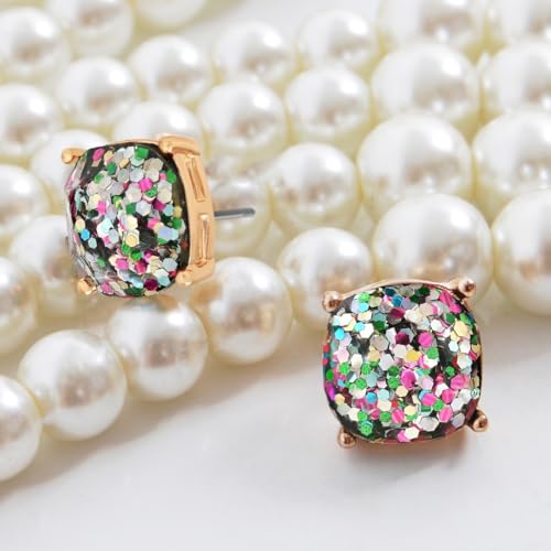 Large Square Stud Earrings for Women - Big Sparkly Rhinestone Studs | Plated in Gold Tone or Silver Tone, Hypoallergenic and Safe for Sensitive Ears - color: Confetti Glitter