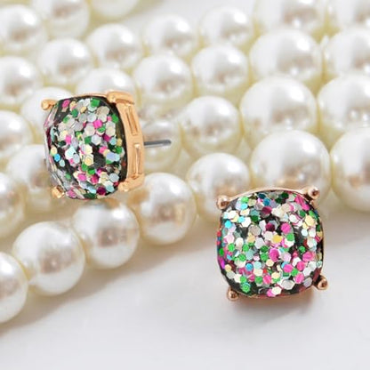 Large Square Stud Earrings for Women - Big Sparkly Rhinestone Studs | Plated in Gold Tone or Silver Tone, Hypoallergenic and Safe for Sensitive Ears - color: Confetti Glitter