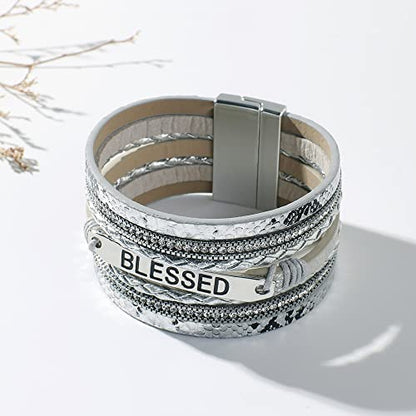 Vercret Leather Wrap Bracelet for Women, Multi-Layer Cuff Bangle | Boho Stacked Bracelets with Safe Clasp Western Bangle Jewelry Gift for Lady and Mom Sister Friend - style: Blessed