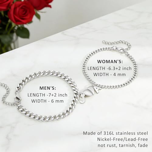 Matching Couple Initial Bracelets, Silver Stainless Steel Cuban Link - color: For Him