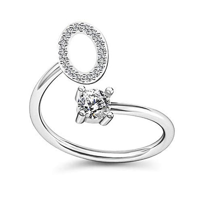 FUTIMELY Initial Letter Ring Alphabet Ring A-Z Silver Crystal Open Adjustable Personalized Initial Ring for Women - style: O