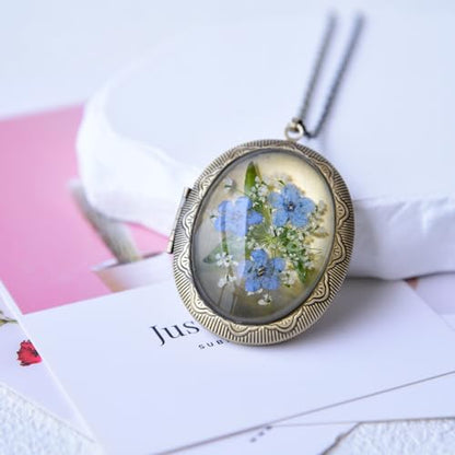 Vintage Photo Locket Necklace Handmade Pressed Flower Locket Necklace for Women - style: Forget Me Not(1.53"x 1.85")