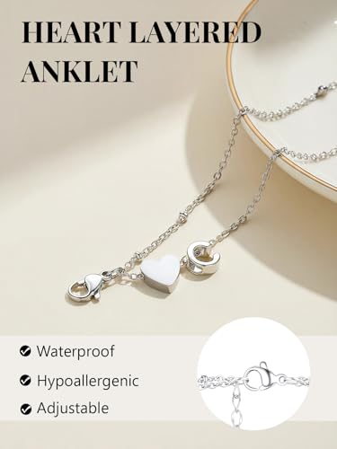 Ankle Bracelets for Women Waterproof 14K Gold/Silver/Black Initial Anklet for Women Dainty Layered Heart Ankle Bracelets Stainless Steel Adjustable Foot Chain Anklet Summer Beach Jewelry - color: K-Silver