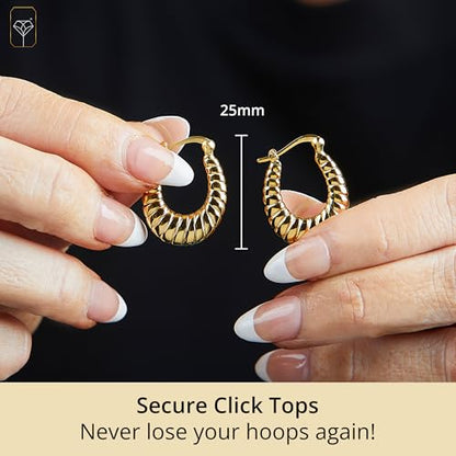 14k Yellow Gold Plated Hoop Earrings for Women with Click Top | Anti Tarnish Lightweight Chunky 14K Gold Hoop Earrings | Hypoallergenic Gold Plated Earrings 0.6 to 1.2 Inches by MAX + STONE - style: Oval Sectioned