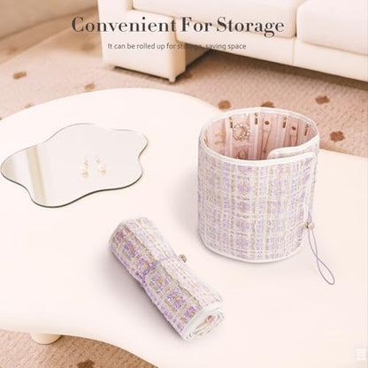 Abiudeng Tweed Travel Jewelry Organizer Roll with 20 Compartments - Rhinestone Button, Anti-Tarnish & Tangle-Free Necklace Storage Bag, Velvet Lined Scratch Protection Case for Women - Purple - color: Purple
