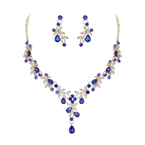 BriLove Wedding Jewelry Set for Women Bride, Y-Necklace Dangle Earrings Crystal Teardrop Leaf Flower Cluster Bridal Bridesmaid - color: 03-Blue