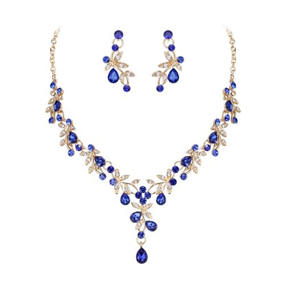 BriLove Wedding Jewelry Set for Women Bride, Y-Necklace Dangle Earrings Crystal Teardrop Leaf Flower Cluster Bridal Bridesmaid - color: 03-Blue