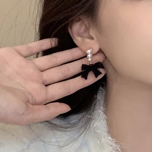 Pearl Bow Earrings for Women Coquette Aesthetic Jewelry Rhinestone Bow Earrings for Bridesmaids Wedding Party Accessories Bridal Costume Accents Bowknot Themed Gifts - color: J2: Black Bow Pearl Earrings