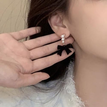 Pearl Bow Earrings for Women Coquette Aesthetic Jewelry Rhinestone Bow Earrings for Bridesmaids Wedding Party Accessories Bridal Costume Accents Bowknot Themed Gifts - color: J2: Black Bow Pearl Earrings