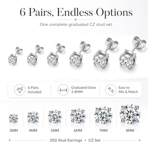 316L Stainless Steel Stud Set for Women Men, 20G Hypoallergenic Cartilage Jewelry with 2mm–8mm CZ Zirconia, Silver & Gold for Sensitive Ear Piercing - color: 18K White Gold