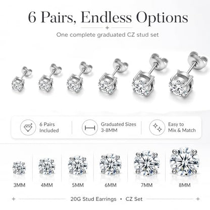 316L Stainless Steel Stud Set for Women Men, 20G Hypoallergenic Cartilage Jewelry with 2mm–8mm CZ Zirconia, Silver & Gold for Sensitive Ear Piercing - color: 18K White Gold