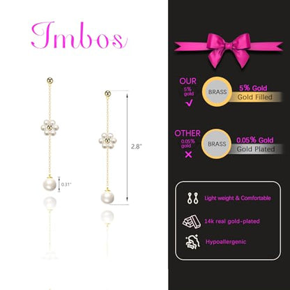 IMBOS Pearl Earrings 14k Gold Plated Daisy Flower Stud Earrings for Women Ball Stud Flat Back Earring Hypoallergenic Statement Earring Trendy Jewelry Gift for Women - color: Gold-Dangle Pearl Flower