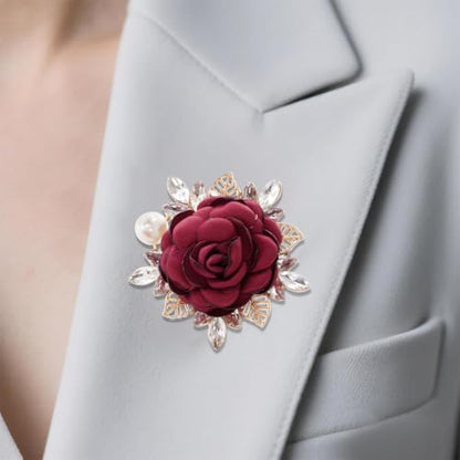 Rose Flower Brooch 1.97In Satin Pearl Crystal Flower Brooch for Women Wedding Dress Suit Hat Accessories Gift - color: red