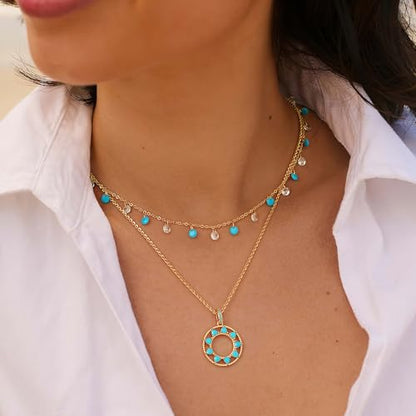 MTMY Gold Choker Necklace for Women, 14K Gold Plated Dainty Cubic Zirconia Cross Heart Shell Teardrop Charm Station Necklaces Trendy Summer Jewelry Gift - style: Turquoise CZ