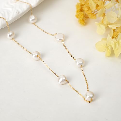 925 Sterling Silver Dainty Freshwater Cultured Pearl Choker Necklace White Genuine Real Pearl Charm Necklaces Jewelry Gifts for Her - color: Satellite Baroque 8-9mm-Gold