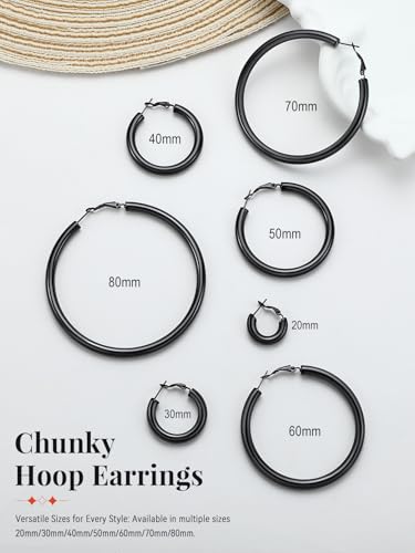 FaithHeart Silver/Black/Gold Stainless Steel Chunky Hoop Earrings for Women | Hypoallergenic Lightweight Hoop Earrings, Trendy Statement Thick Hoop, 20/30/40/50/60/70/80mm - color: Black, size: 50mm