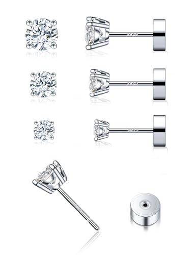 3 Pairs Moissanite Flatback Stud Earrings for Women, 925 Sterling Silver Hypoallergenic Flat Back Cartilage Earrings Set, 18K White Gold Plated - color: 18K White Gold, size: 3,4,5mm