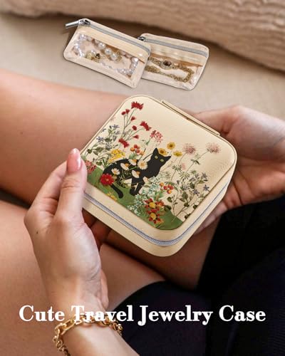 Bistup Travel Jewelry Case - Small Jewelry Organizers and Storage Box for Women Girls Teens Cute Traveling Jewelry Holder with Mirror Little Tiny Compact Modern Unique Aesthetic Pretty, Cat Flower - style: Cat Flower