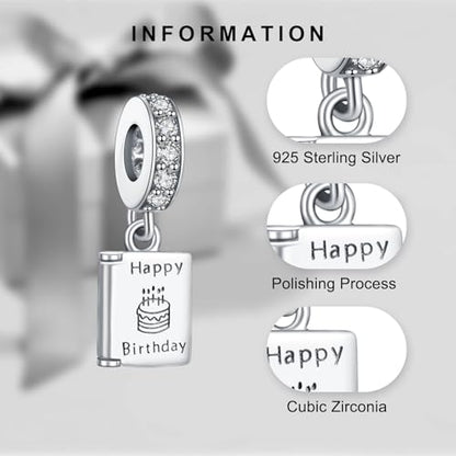 LaMenars 925 Sterling Silver Charms for Pandora Bracelets & Necklaces | Bead Charms Birthday Holiday Jewelry Gifts For Women - color: Happy Birthday Cake Dangle