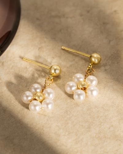 Pearl Earrings - 14k Gold or White Gold Plated Sparkle Cubic Zirconia Dainty Pearl Stud Earrings for Women Wedding Party Bridal - color: gold flower