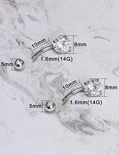 Long Belly Button Ring 6mm 8mm 10mm 12mm 14mm Surgical Stainless Steel Round Cubic Zirconia Navel Barbell Long Bar Belly Button Piercing Jewelry Silver, black, rose gold belly ring - color: 2pcs-10mm-Silver navel ring
