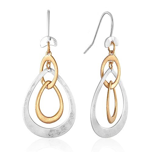 Antique Gold Hammered Disc Drop Earrings Boho Earrings with Two Tone Jewelry Gift - color: AMZ-EH21321A-L