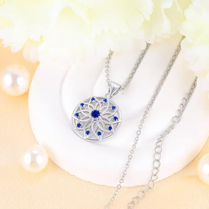 Sterling Silver Flower Necklace for Women, Sparkly Blue Cubic Zirconia Pendant Necklace, Hypoallergenic, Adjustable, Elegant Floral Jewelry Gifts for Wife Mother