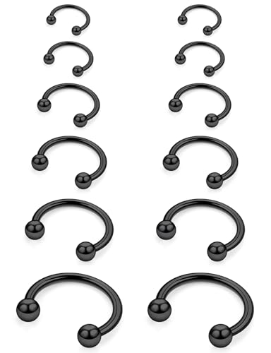 12G 14G 16G Horseshoe Septum Nose Ring Piercing Jewelry Surgical Steel Circular Barbell Daith Rook Earring Smiley Snake Bite Lip Ring Piercing Jewelry for Women Men Balls Silver Black Gold - color: Black, size: 14G
