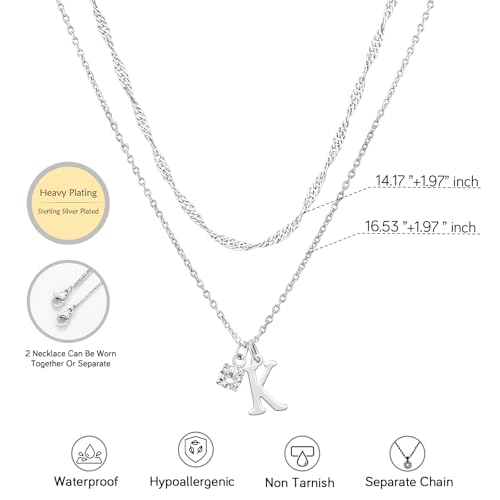 Sterling Silver Initial Necklaces for Women Girls Dainty Letter Necklace Stack Non Tarnish Silver Layered Necklaces Simple Chain CZ Diamond Pendant Necklaces Stacked A-Z Name Personalized Trendy Jewelry Gift - style: K