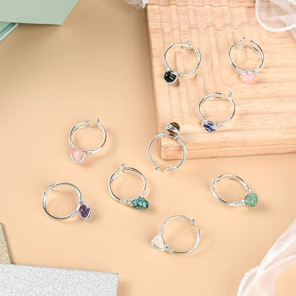 9 PCS Healing Crystal Ring, Adjustable Wire Wrapped Rings Irregular Gemstone Rings Set for Women - color: Silver-Style A