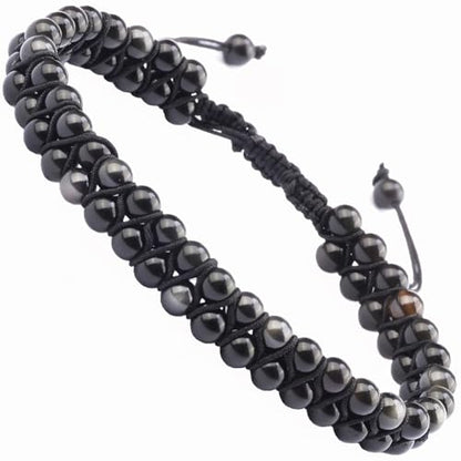 MASSIVE BEADS Double Layer Natural Chakra Healing Power Crystals Macrame Bracelet Yoga Stone Beads Gemstone Meditation Relax Anxiety Bangle for Unisex Women Men - color: Black Obsidian, size: 4mm