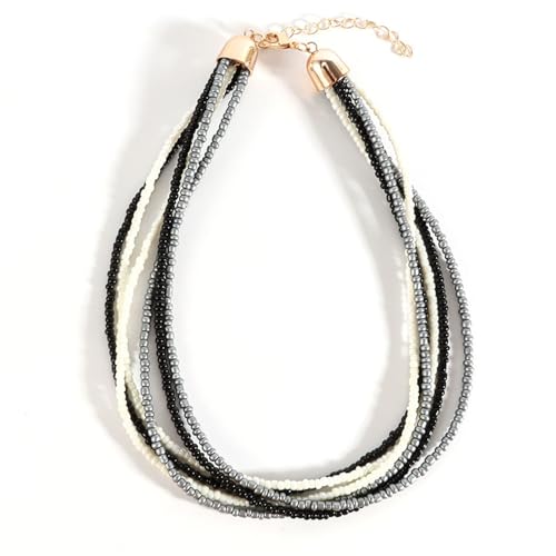 Handmade Colorful Multi-layered Multi Strand Seed Beaded Stackable Bohemian Braided Choker Necklaces for Women Summer Hawaiian Beach Holiday Boho Statement Jewelry - color: black