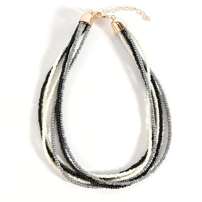 Handmade Colorful Multi-layered Multi Strand Seed Beaded Stackable Bohemian Braided Choker Necklaces for Women Summer Hawaiian Beach Holiday Boho Statement Jewelry - color: black