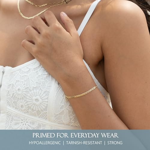 Gold Chain Bracelets for Women Plated 925 Sterling Silver | 18K plating, Made in Italy, anti-tarnish, hypoallergenic, 6.5-9 inches, curb rope figaro mariner links - size: 7 inches (women's average length)